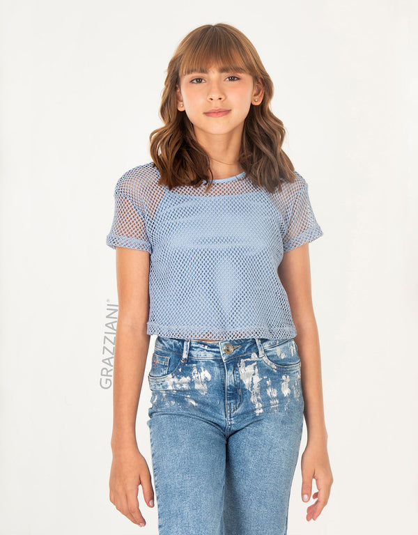 BLUSA MALLA +TOP ALGODÓN CELESTE